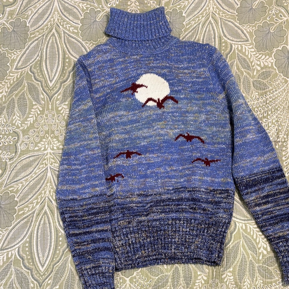 Bobbie Brooks Blue Marled Turtleneck Sweater with Moon & Bird scene vintage